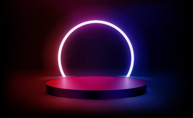 Vivid neon light in dark interior with podium. 3d vector illustration