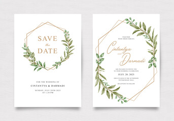Geometric wedding invitation template with watercolor foliage