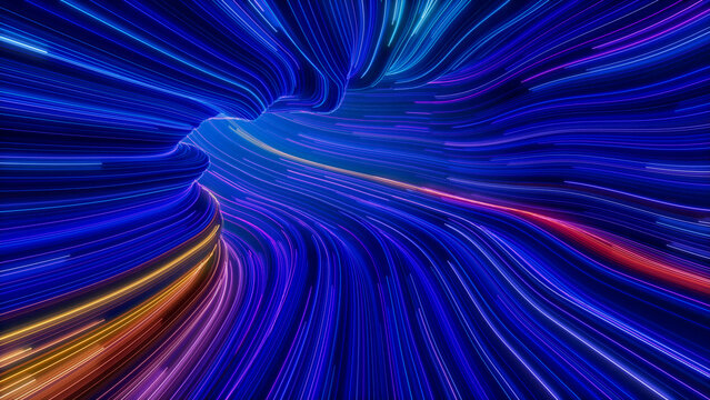 Colorful Lines Tunnel with Blue, Turquoise and Orange Swirls. 3D Render.