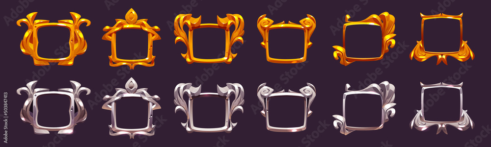 Poster empty gold and silver frames of award labels for first and second place in game. vector set of carto