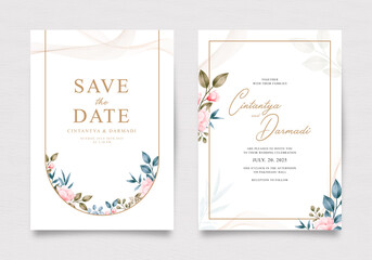 Wedding invitation template set with beautiful watercolor floral