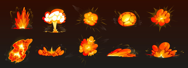 Bomb explosions, fire bursts and atomic mushroom cloud isolated on black background. Vector cartoon set of blasts with flame and flash from dynamite, nuclear weapon or rocket - obrazy, fototapety, plakaty