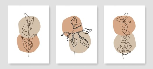 Botanical Wall Art Set with Line Drawing Leaves and Organic Shapes. Modern Foliage Line Art Drawing. Abstract Creative Wall Art Design for Print, Poster, Cover. Minimalist Boho Poster Set. Vector 