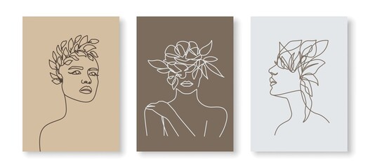 Fototapeta na wymiar Woman Face In Flowers Line Art Drawing Set. Woman Head with Flowers One Line Drawing Prints. Elegant Female Sketch Poster with Minimalist Girl Portrait Illustration Print. Vector EPS 10 