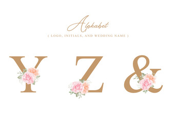 Minimalist alphabet decoration Y Z & with watercolor floral for logo, initial, wedding name