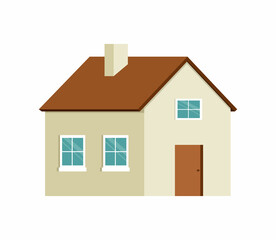 Vector illustration of cartoon house isolated on white background. Flat simple rustic house with brown roof and chimney.