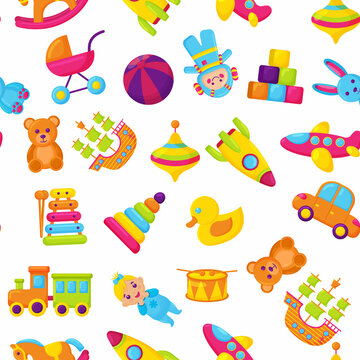 Seamless toy pattern with cars, teddy bears, bunnies, sailboats and balls. Baby background. Vector illustration in cartoon