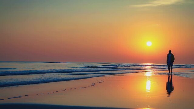 Spazierg&auml;nger beim Sonnenaufgang &uuml;ber dem Meer