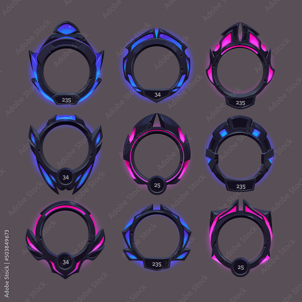 Poster futuristic frames of black metal border for avatar in game interface with level or grade. vector car