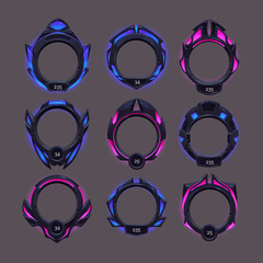 Futuristic frames of black metal border for avatar in game interface with level or grade. Vector cartoon set of gui elements in sci fi style, empty frames with blue and pink glow - obrazy, fototapety, plakaty