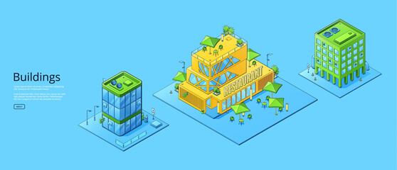 Buildings banner with isometric restaurant, office and store isolated on blue background. Vector horizontal poster of modern city architecture with facade of business and commercial buildings