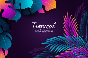 Colorful monstera and palm leaves background