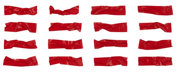 Fototapeta premium Red wrinkled adhesive tape isolated on white background. Red Sticky scotch tape of different sizes. Vector illustration.