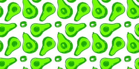 Fototapeta na wymiar Vector avocado pattern seamless. Avocados decoration for oil label, packaging design. Vegetarian background. Avocados backdrop. Ornament with drawings of vegetables. Green vegan wallpaper for banner.