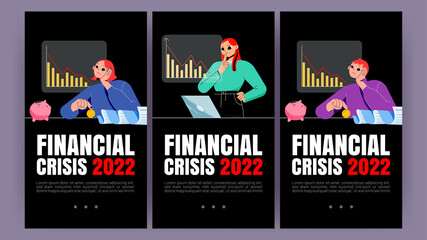 Financial crisis 2022 posters with graph down and people with broken piggy bank and bill. Vector banners of economic decline, problems with finance and stock with flat illustration of sad characters