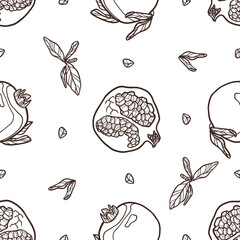 Outline pomegranate print. Brown fruit and leaves on white background. Illustration for textile, covering