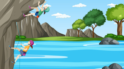 Outdoor scene with rock climber on cliff © blueringmedia