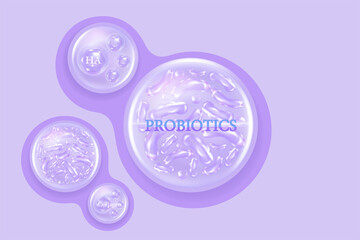 Probiotics and Hyaluronic acid skin solutions ad, purple vitamins serum drop with cosmetic advertising background ready to use, illustration vector.	