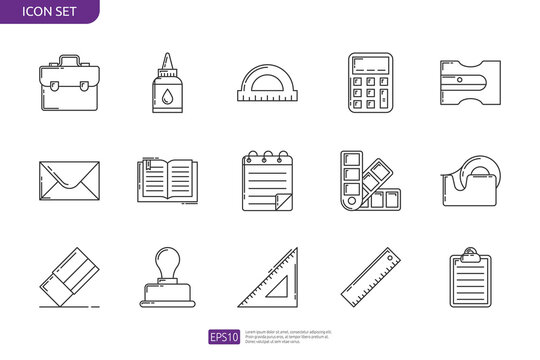 Office Stationery items icon set. Vector isolated Thin line Collection