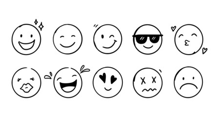 Doodle Emoji face icon set. Hand drawn sketch style. Emoji with different emotion mood, happy, sad, smile face. Comic line art vector illustration. - obrazy, fototapety, plakaty
