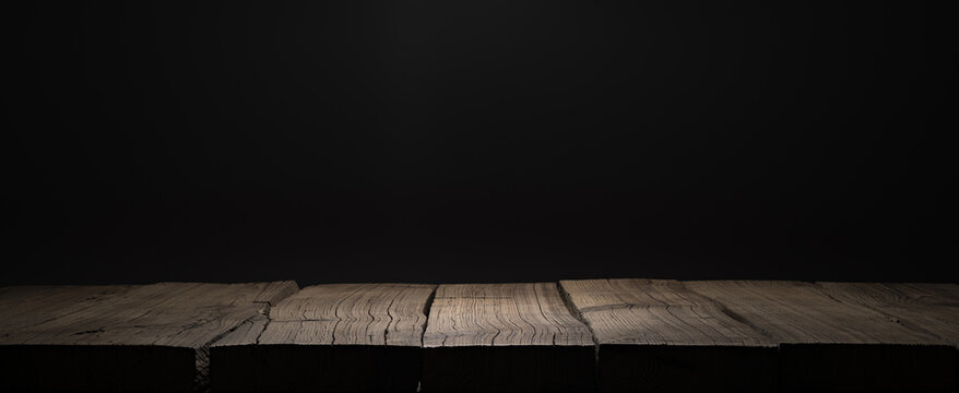 Wooden Plank Podium Or Table In The Dark