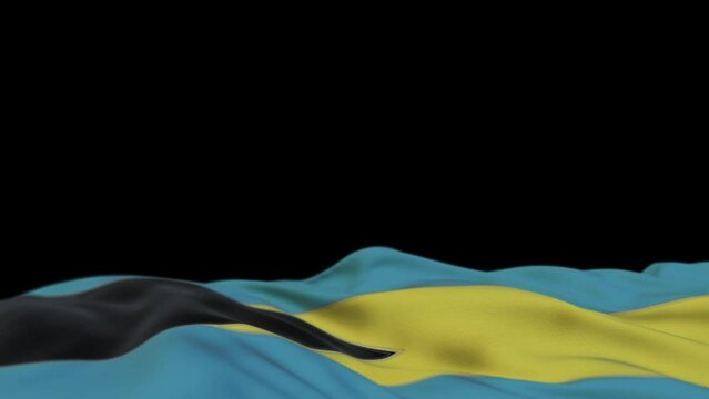 Bahamas fabric flag waving on the wind loop. Bahamian embroidery stiched cloth banner swaying on the breeze. Half-filled black background. Place for text. 20 seconds loop. 4k