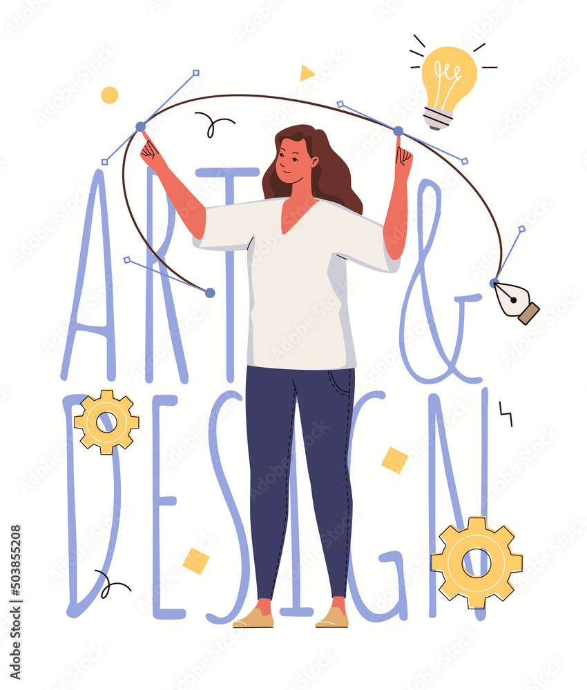 Poster graphic designer draws bezier curve with pen tool. creative process of emergence of idea and impleme