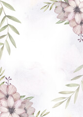 Floral watercolor background. Anemone flowers. Watercolor flower bouquets. Postcard for birthday, wedding.