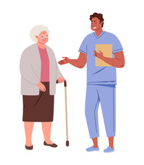 Elderly woman and doctor. Physician consults patien. Concept of geriatric care. Vector characters flat cartoon illustration.
