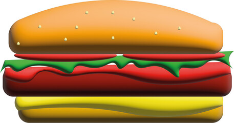 3d burger. Bright Hamburger. Big toast with salad and catlet