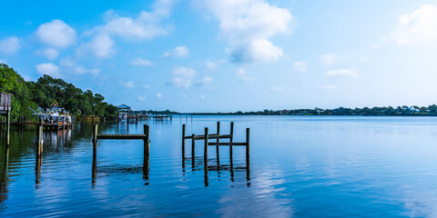 Blue water view with private wooden piers on the Sebastian River in Little Hollywood, Mikko,...