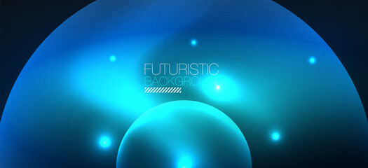 Abstract background with neon glowing light effects. Round shapes, triangles and circles. Wallpaper for concept of AI technology, blockchain, communication, 5G, science, business and technology