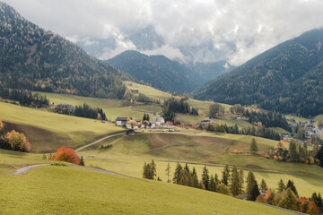 View from the small Italian mountain town of St. Magdalena in Val di Funes