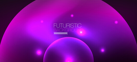 Abstract background with neon glowing light effects. Round shapes, triangles and circles. Wallpaper for concept of AI technology, blockchain, communication, 5G, science, business and technology