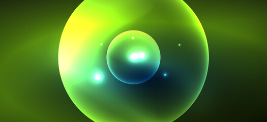 Abstract background with neon glowing light effects. Round shapes, triangles and circles. Wallpaper for concept of AI technology, blockchain, communication, 5G, science, business and technology