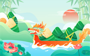 Fototapeta na wymiar Dragon Boat Festival people racing dragon boats in the river with waves and zongzi in the background, vector illustration