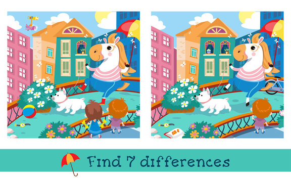 Find 7 differences. Game for children. Vector color illustration. Horse with dog in city. Cartoon cute characters. 