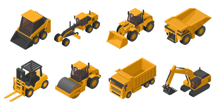 Set of 3D isometric heavy machinery used in the construction and mining industry,, front loader, dump truck, excavator, skid steer, mining truck, motor grader, soil compactor and lift truck