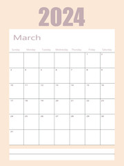 Simple printable March calendar 2024. Isolated on white background