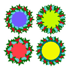 A set of round wreaths of flowers and leaves with colored substrates