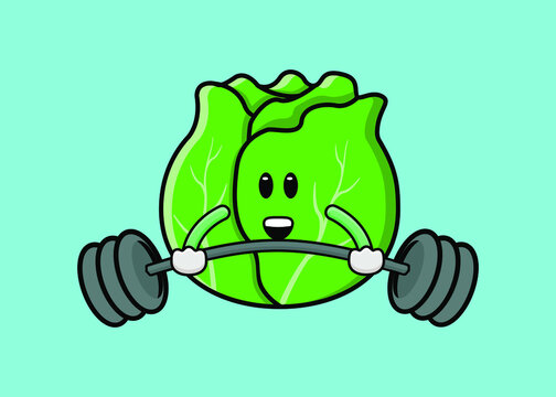 Cute cabbage mascot exercising barbell curl using barbells of illustration vector