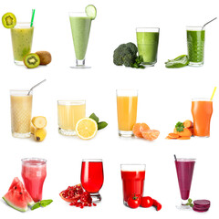 Glasses of healthy colorful juices on white background