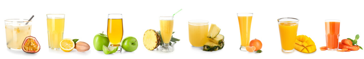 Glasses of healthy juices on white background