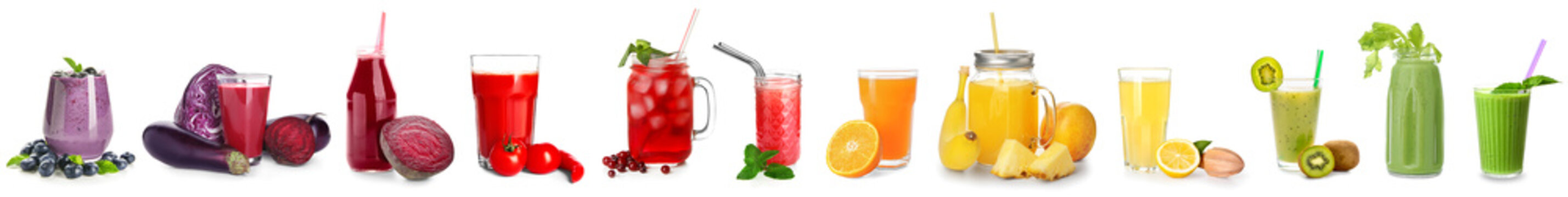 Set of healthy colorful juices on white background