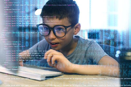Double exposure of cute little programmer at table and computer code