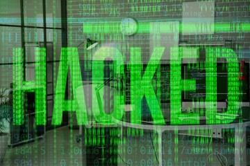 Double exposure of programmer's office, computer code and word HACKED