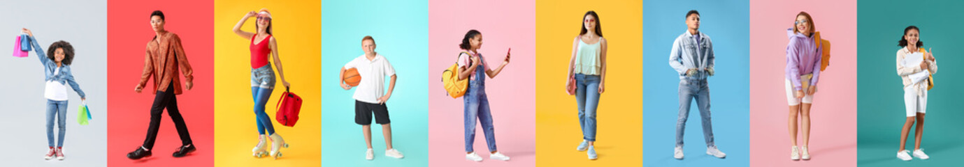 Set of stylish teenagers on color background