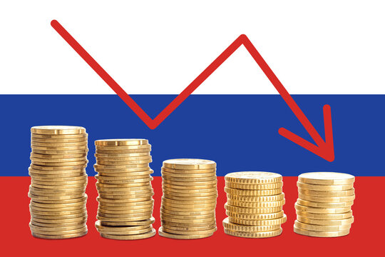 Coins and arrow against flag of Russia. Concept of financial crisis and default