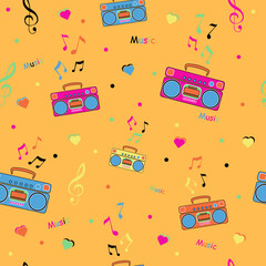 Music seamless pattern. Music notes, radio, treble clef and heart. Inscription music.