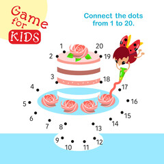 Connect dots from 1 to 20. Educational game. Activity page for kids. Vector illustration. Cake with roses on plate.
